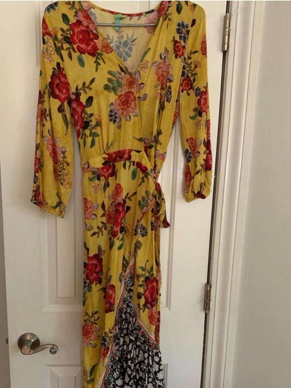 FARM Rio Yellow Floral Wrap Maxi Dress with Mixed Print Panel